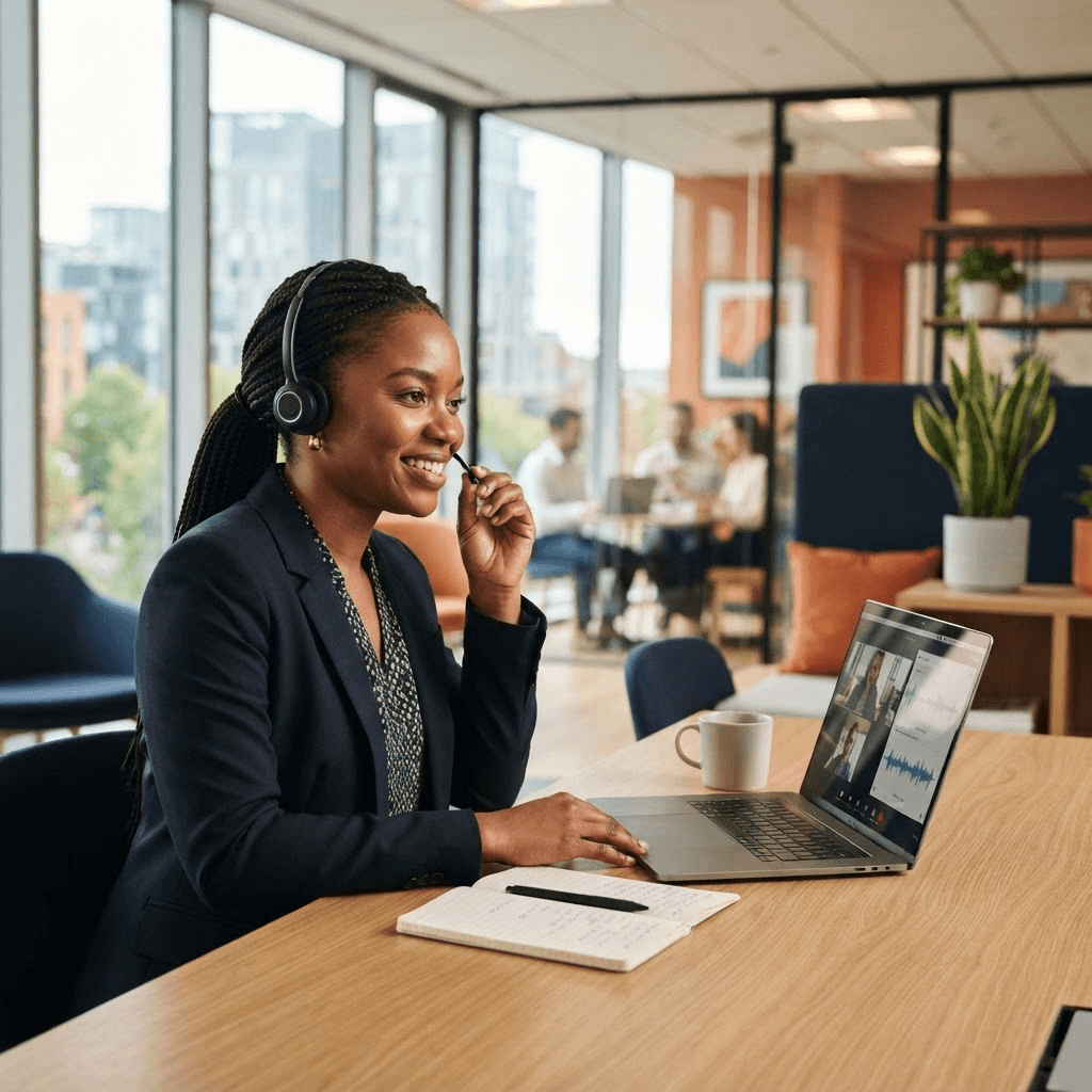 Professional interpreter working with a headset at a modern desk